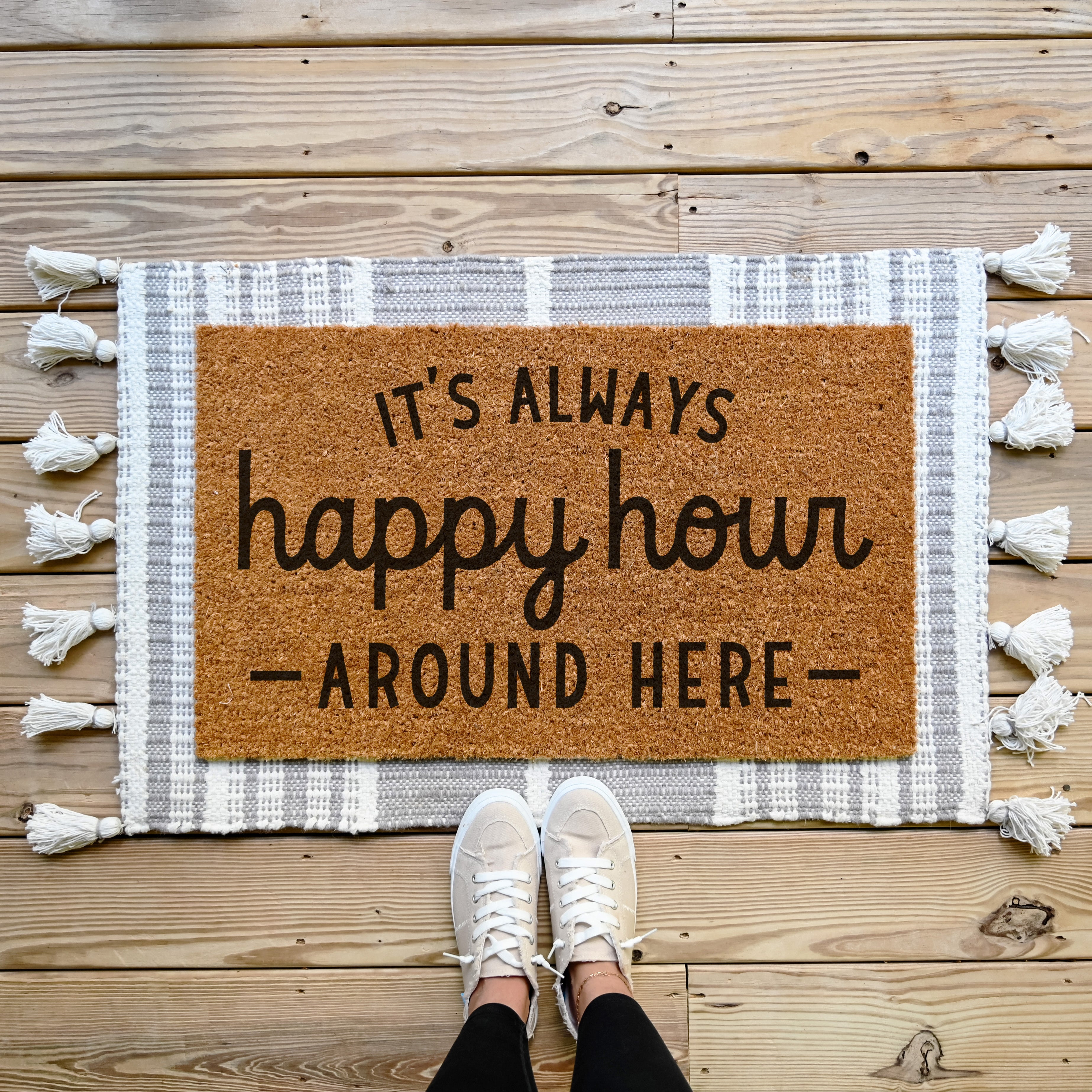 Always Happy Hour Doormat. Funny Doormat that says Always Happy Hour around here.
