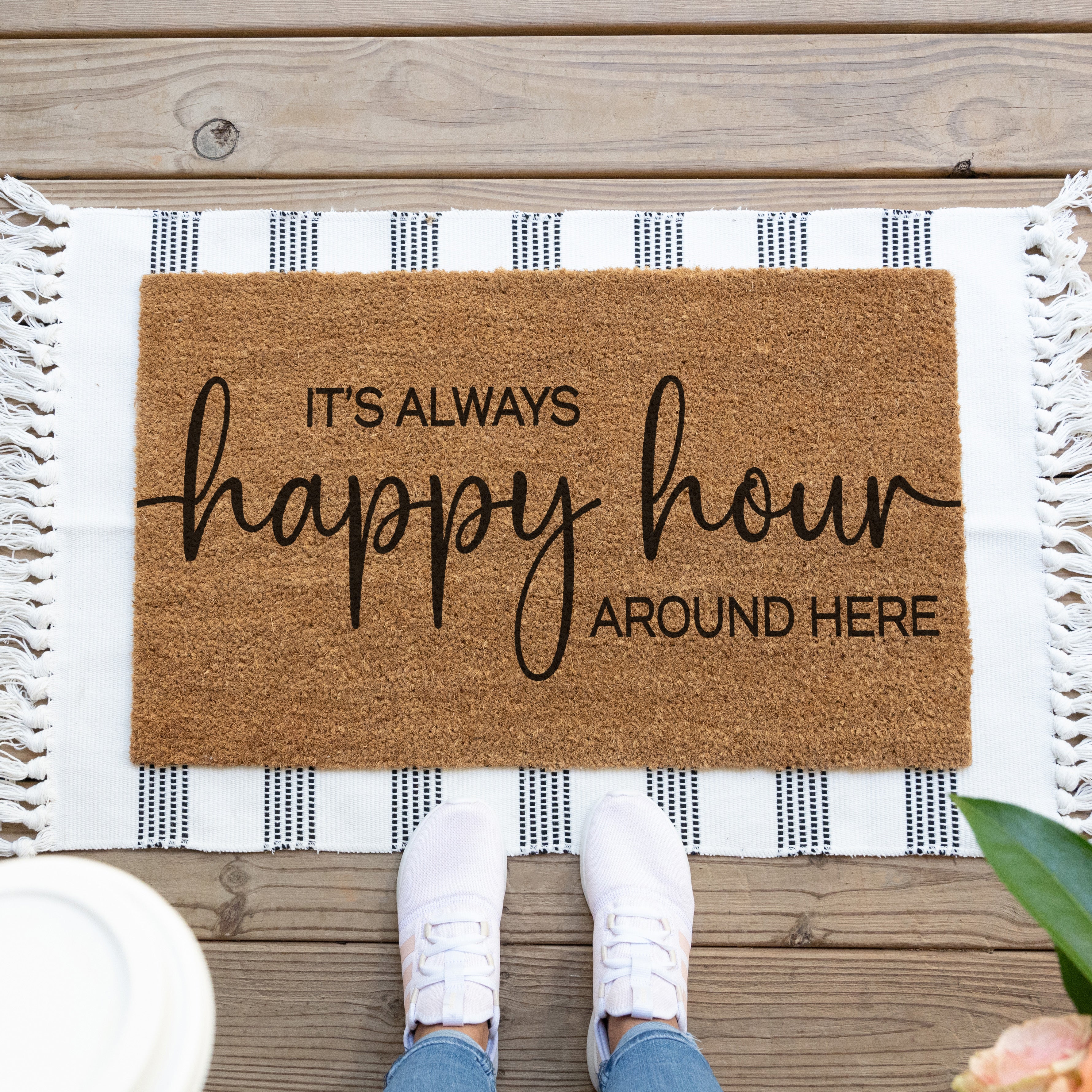 Always Happy Hour Doormat. Funny Doormat that says Always Happy Hour around here.