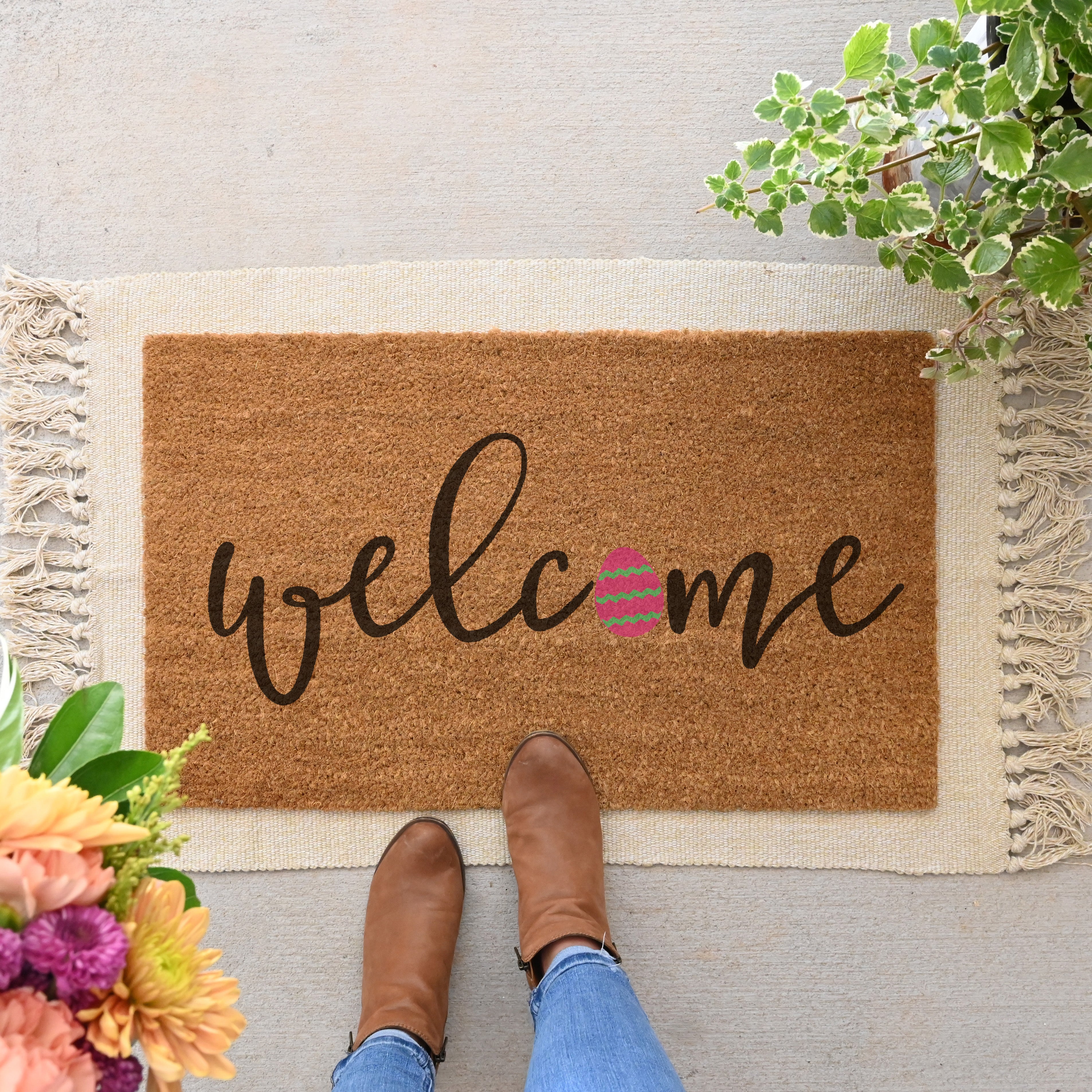 Easter Welcome Doormat with Easter Egg in place of the O