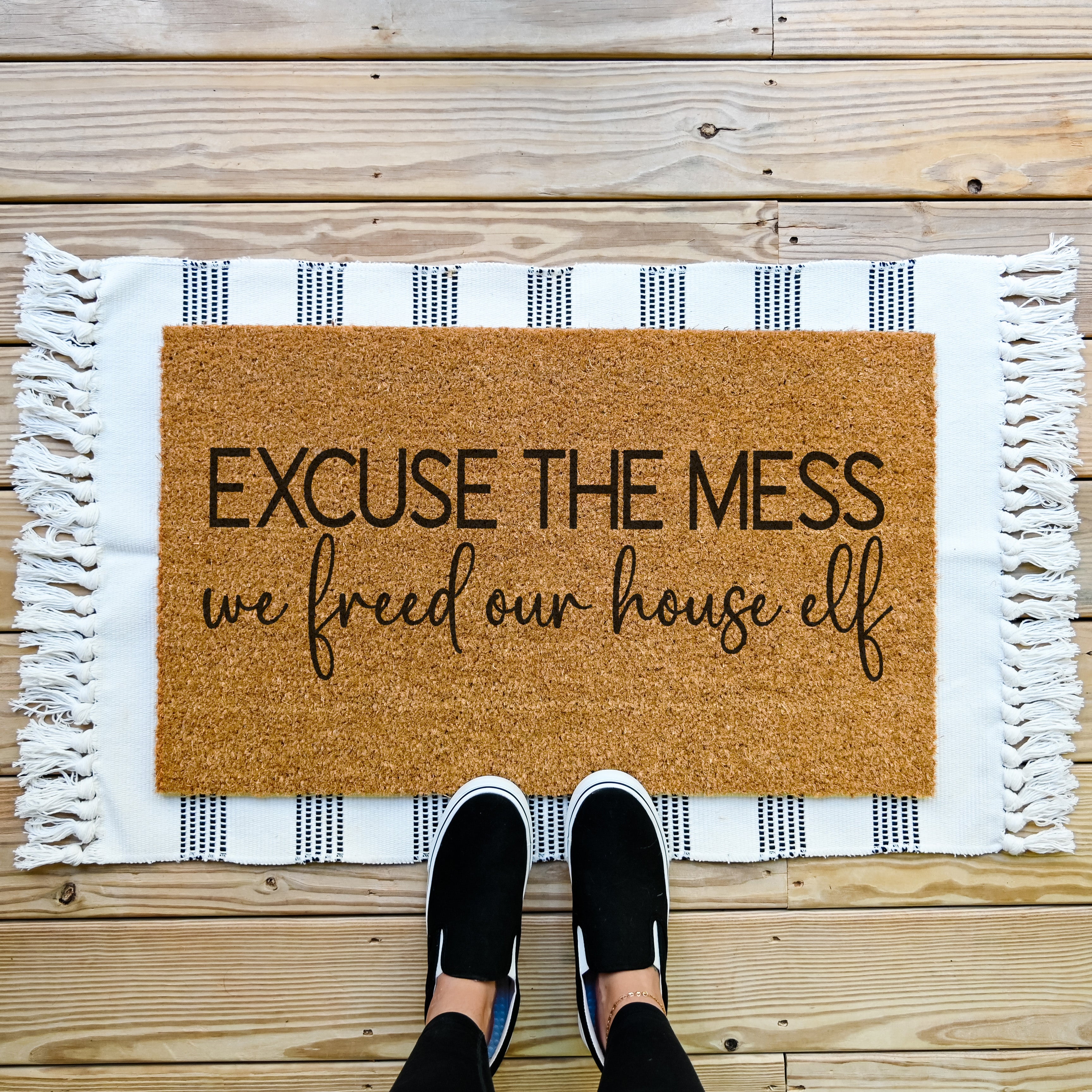 Excuse the mess we our house elf doormat. Coir doormat.