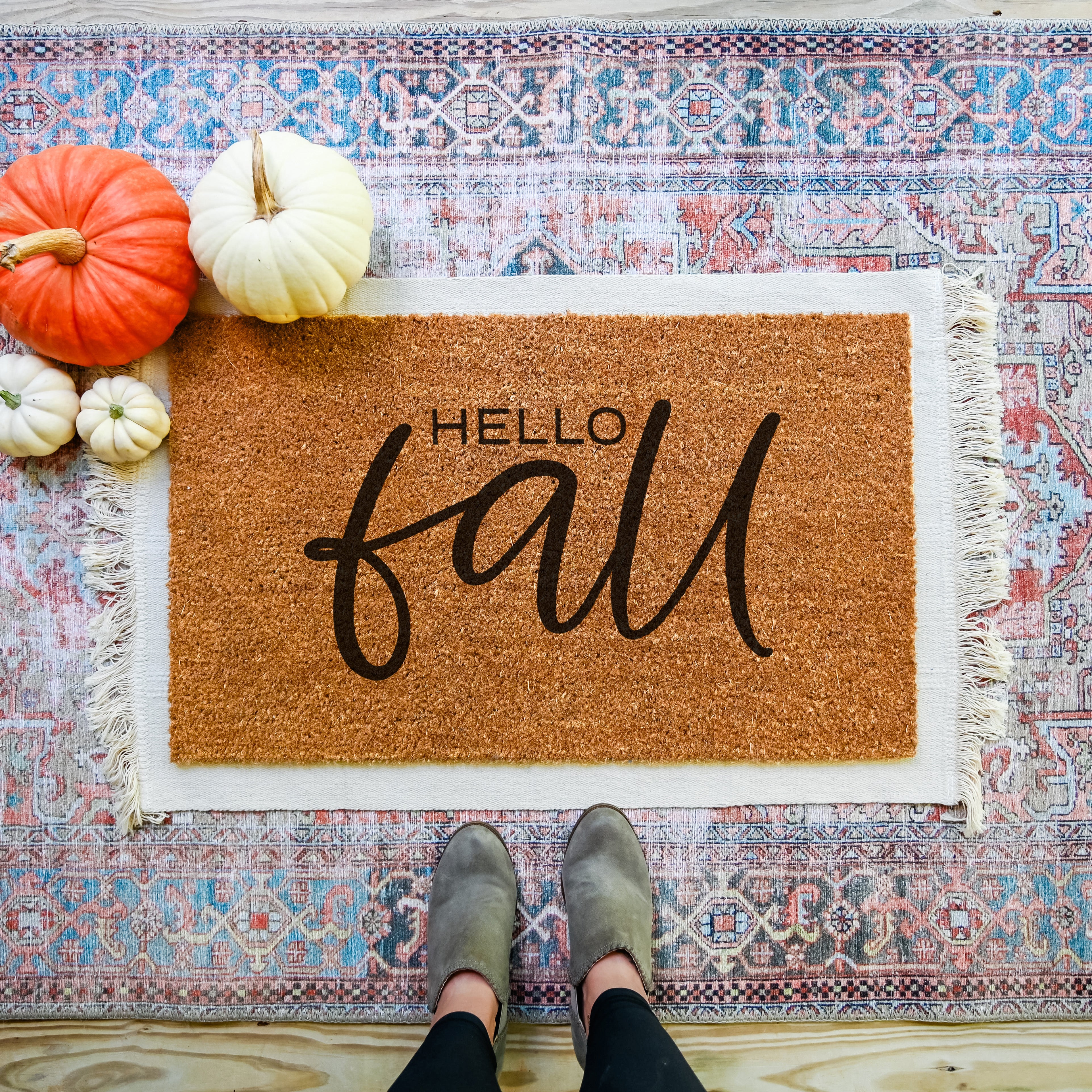 fall doormat that says hello fall