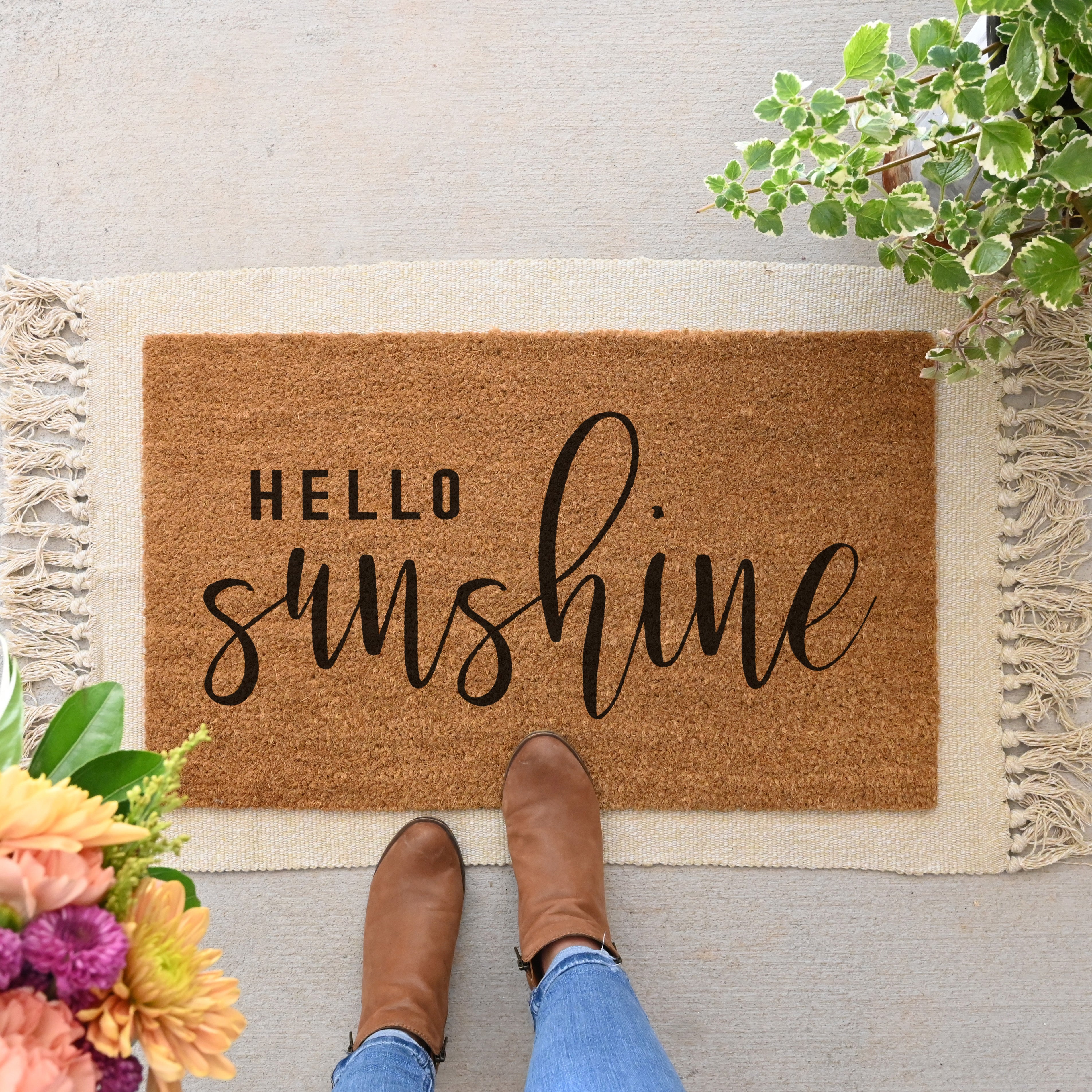 Hello Sunshine Doormat.  Coir doormat.