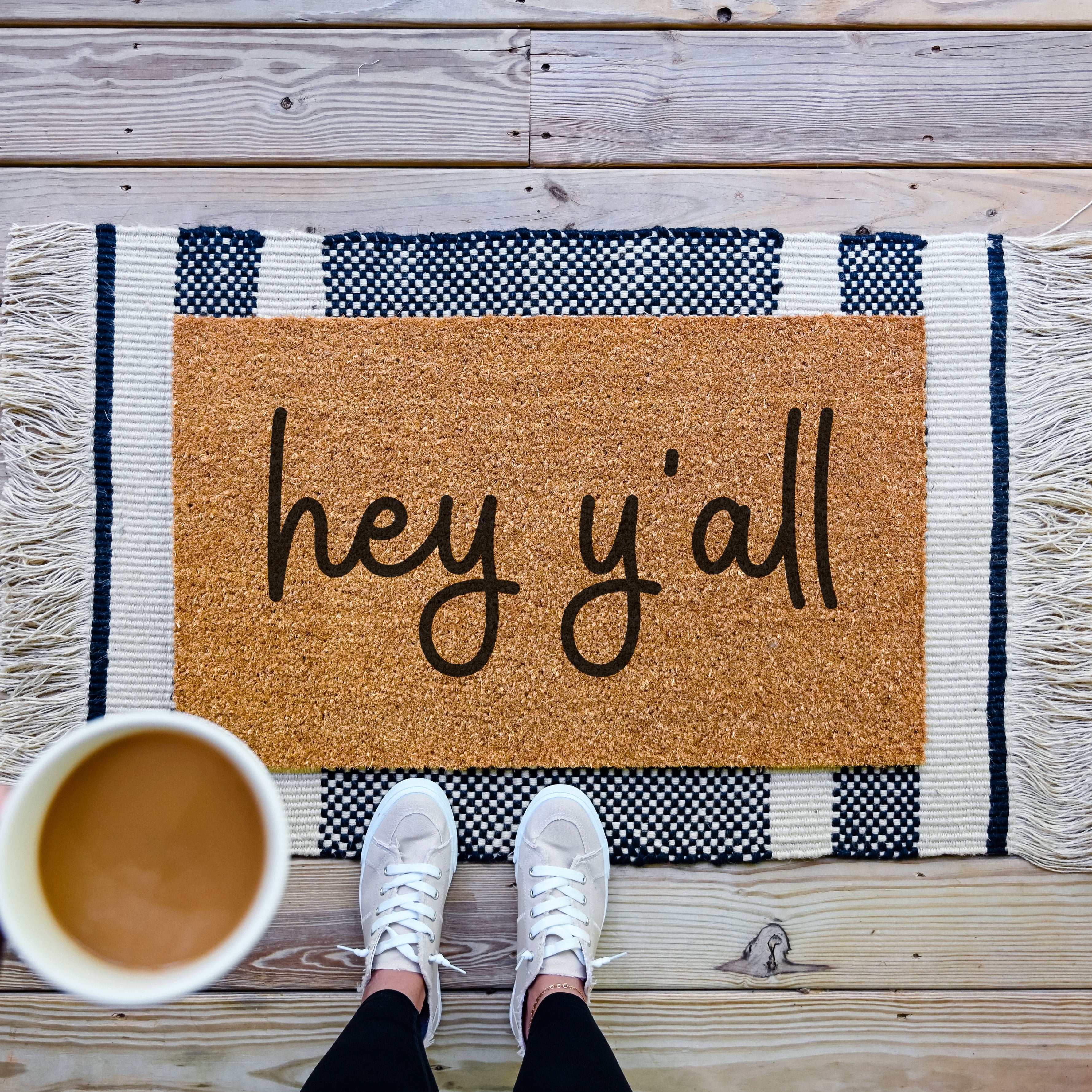 doormat that says hey yall in cursive
