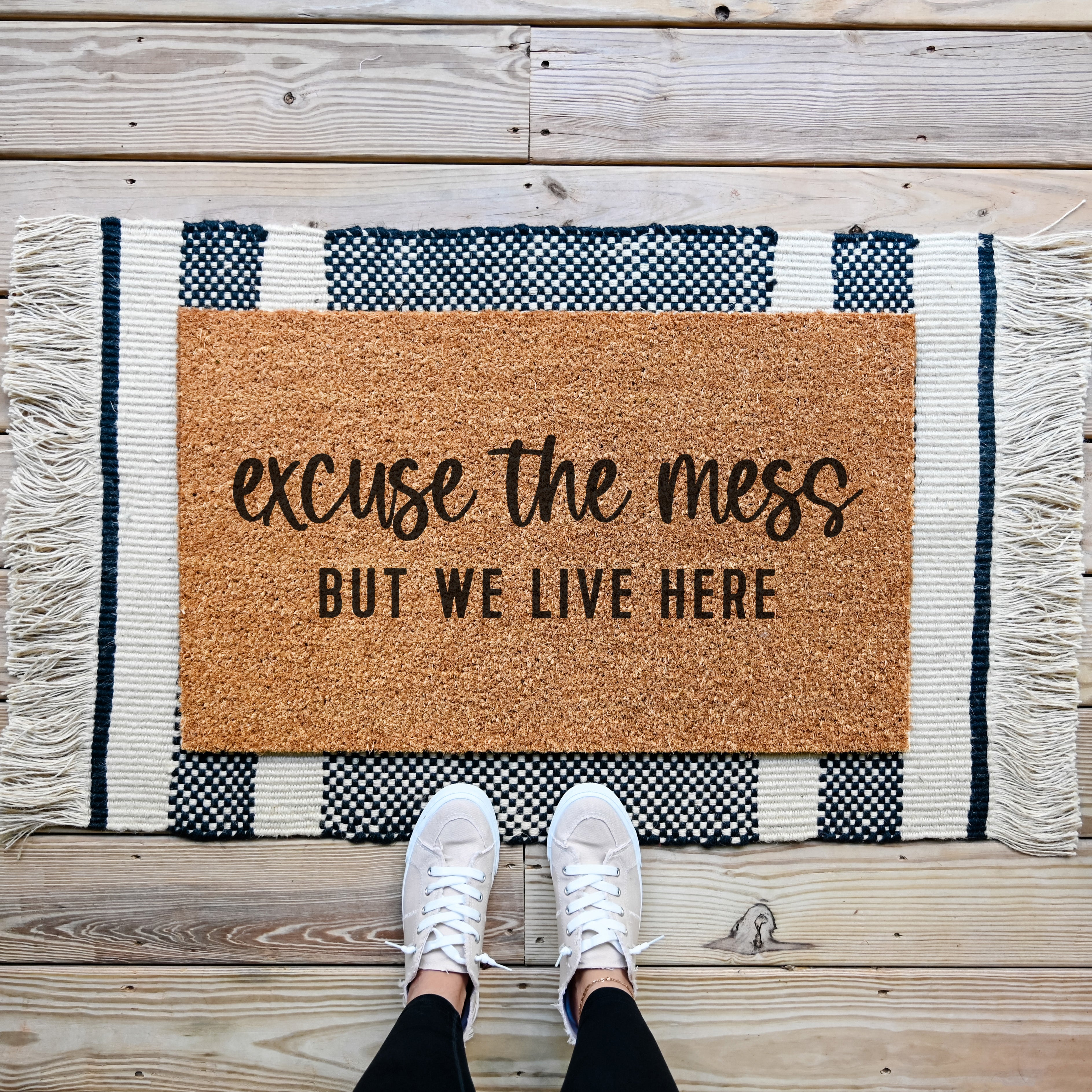 Excuse the mess but we live here doormat.Coir doormat.