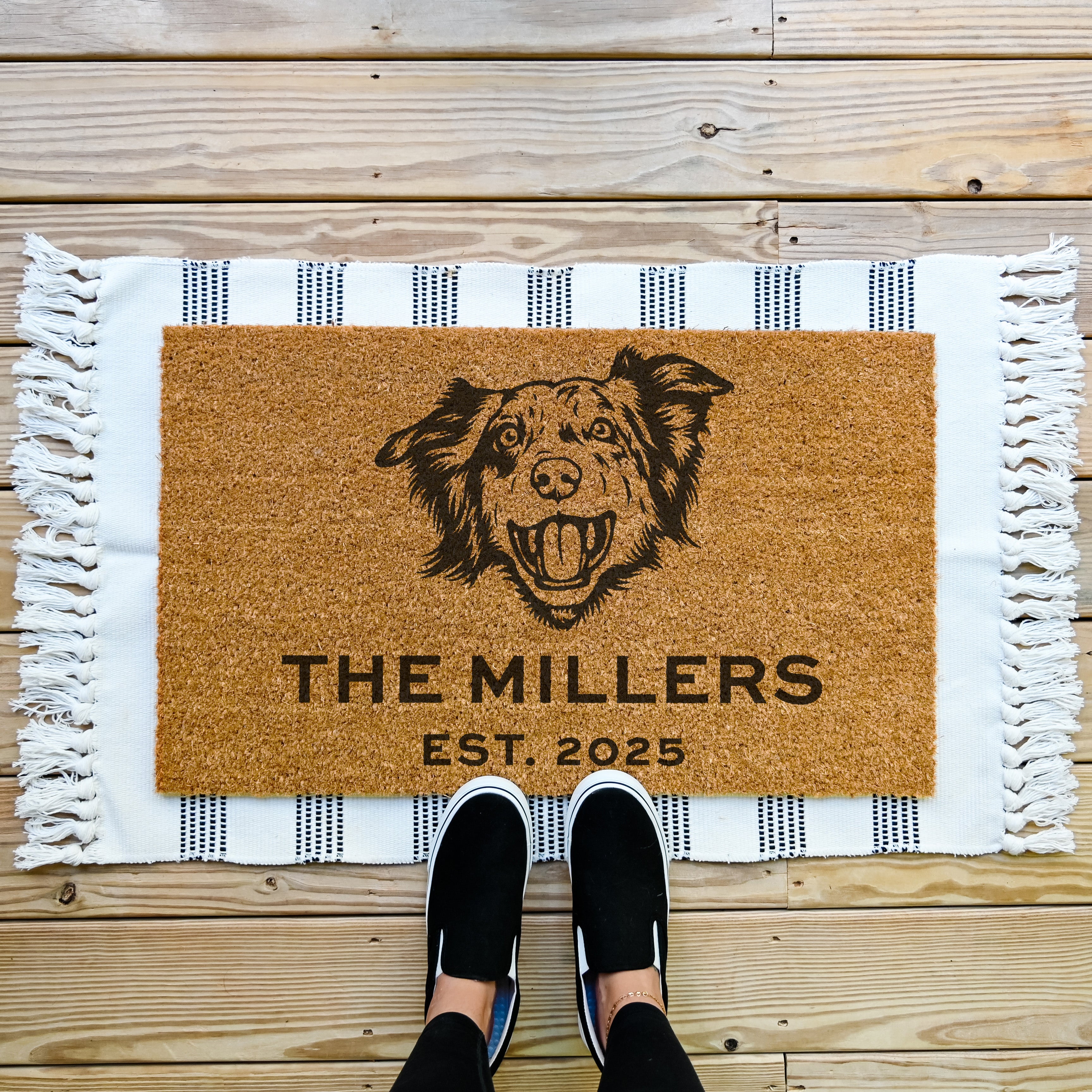 Australian Shepherd Dog Face Last Name Doormat - Hamlin Row