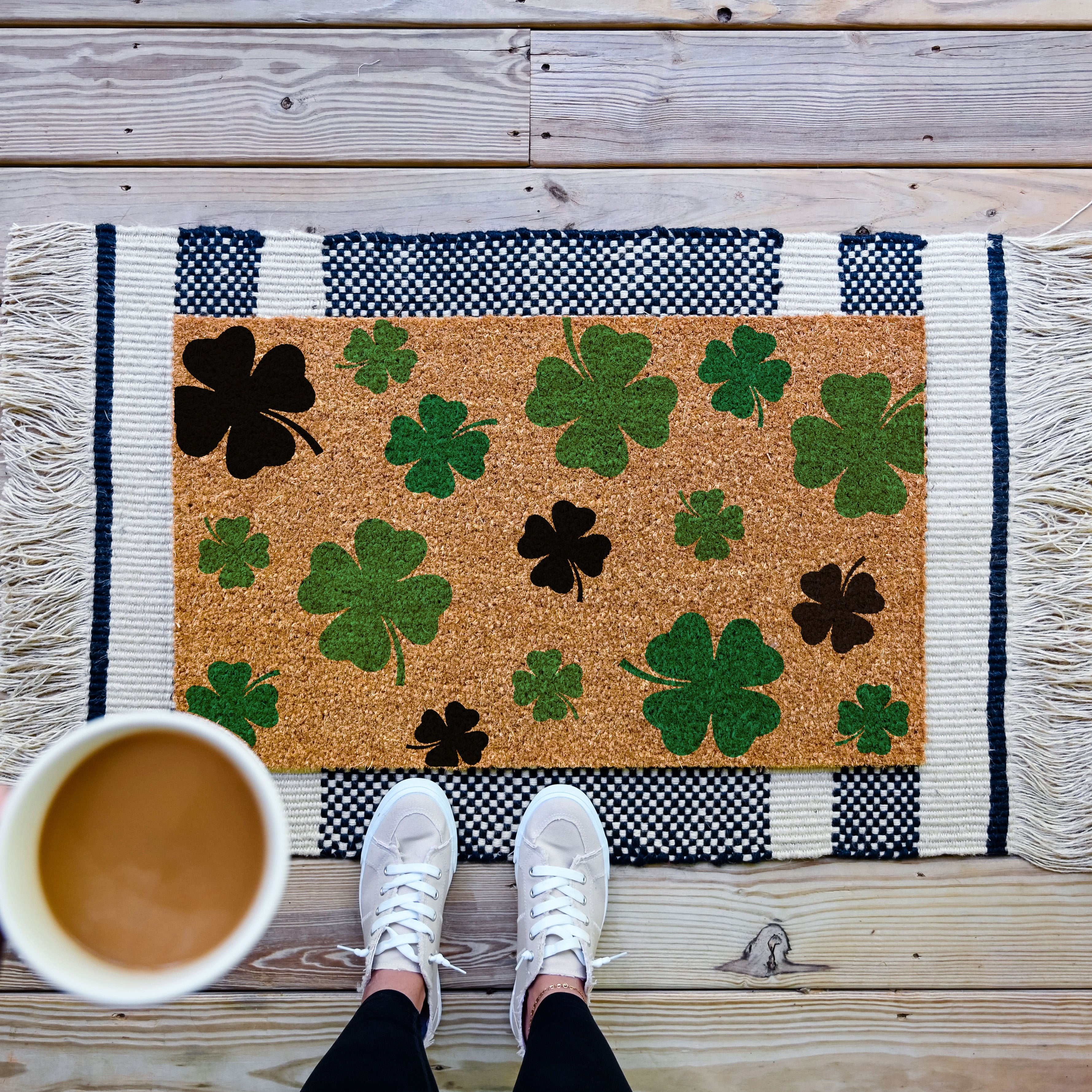 multi colored shamrocks doormat