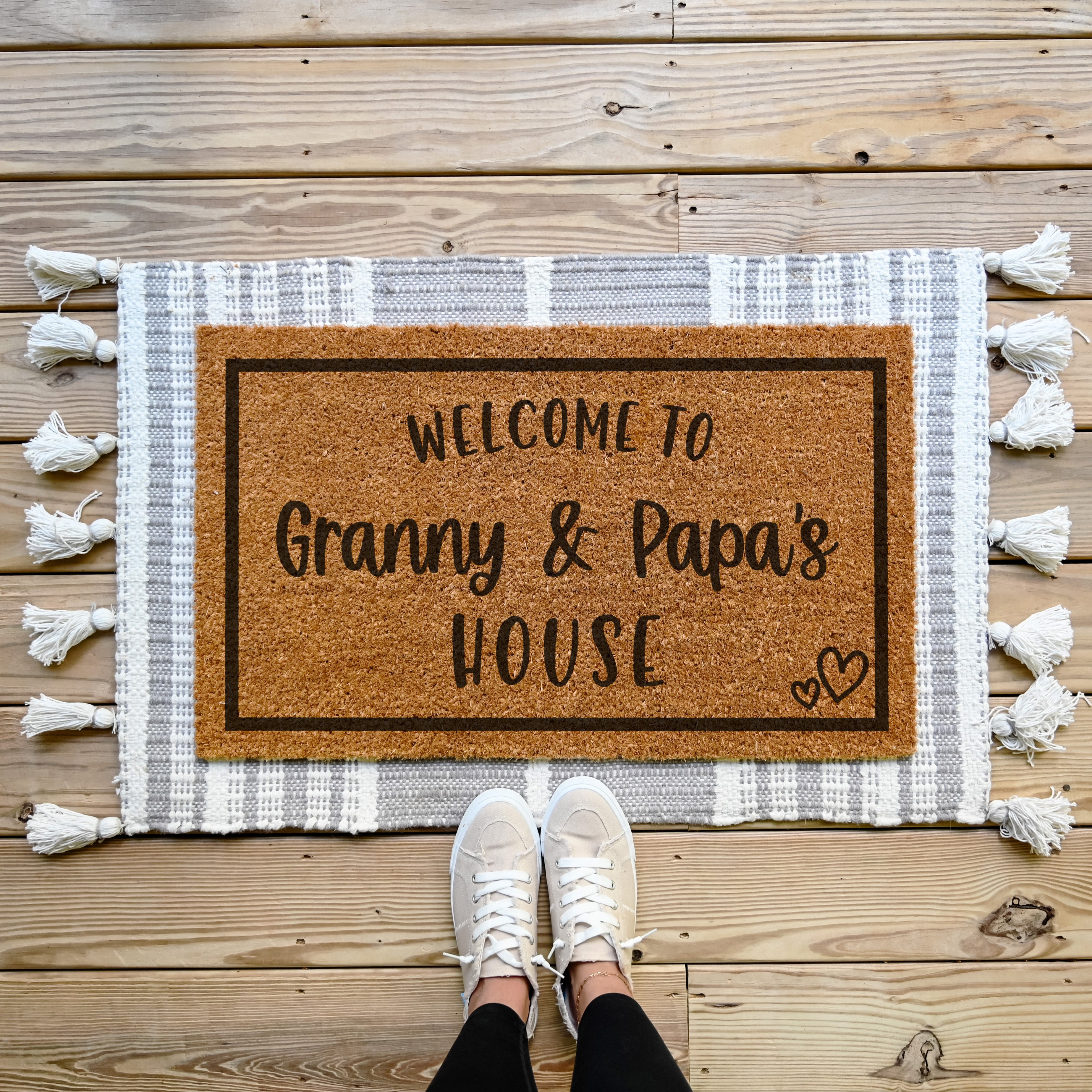 custom grandparents doormat that says welcome to granny and papa's house. The grandparent's names are customizable.