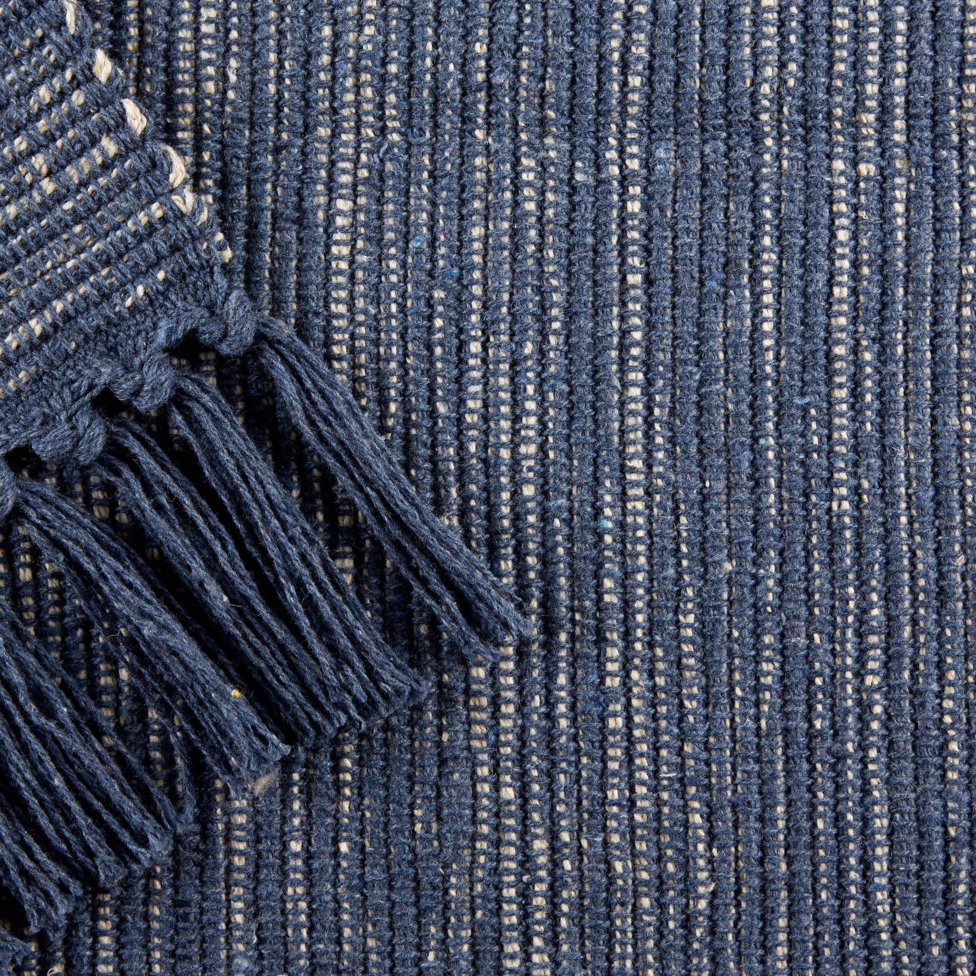 Close-up of a textured blue fabric with tassels