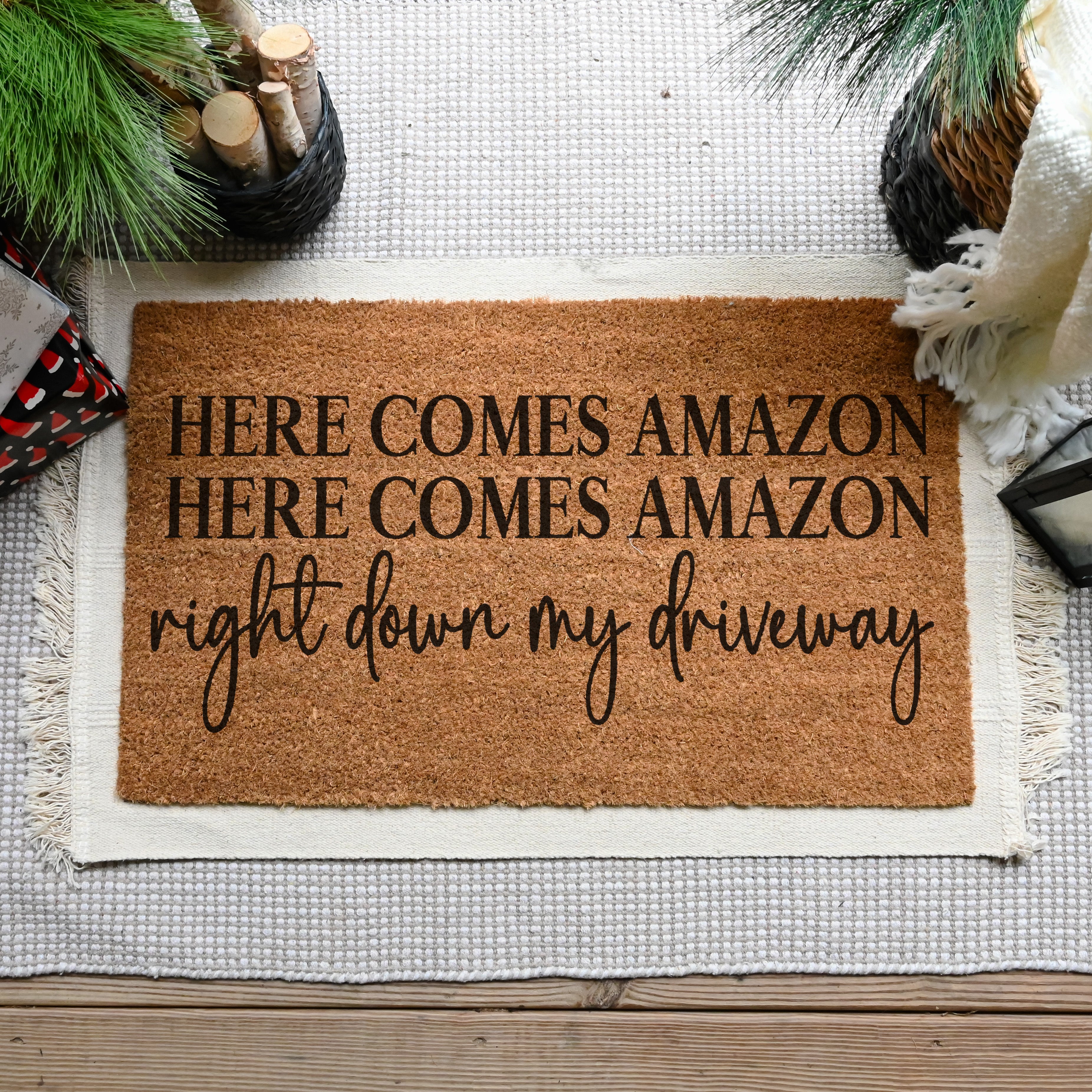 Here Comes Amazon Doormat. Coir doormat. Christmas doormat.