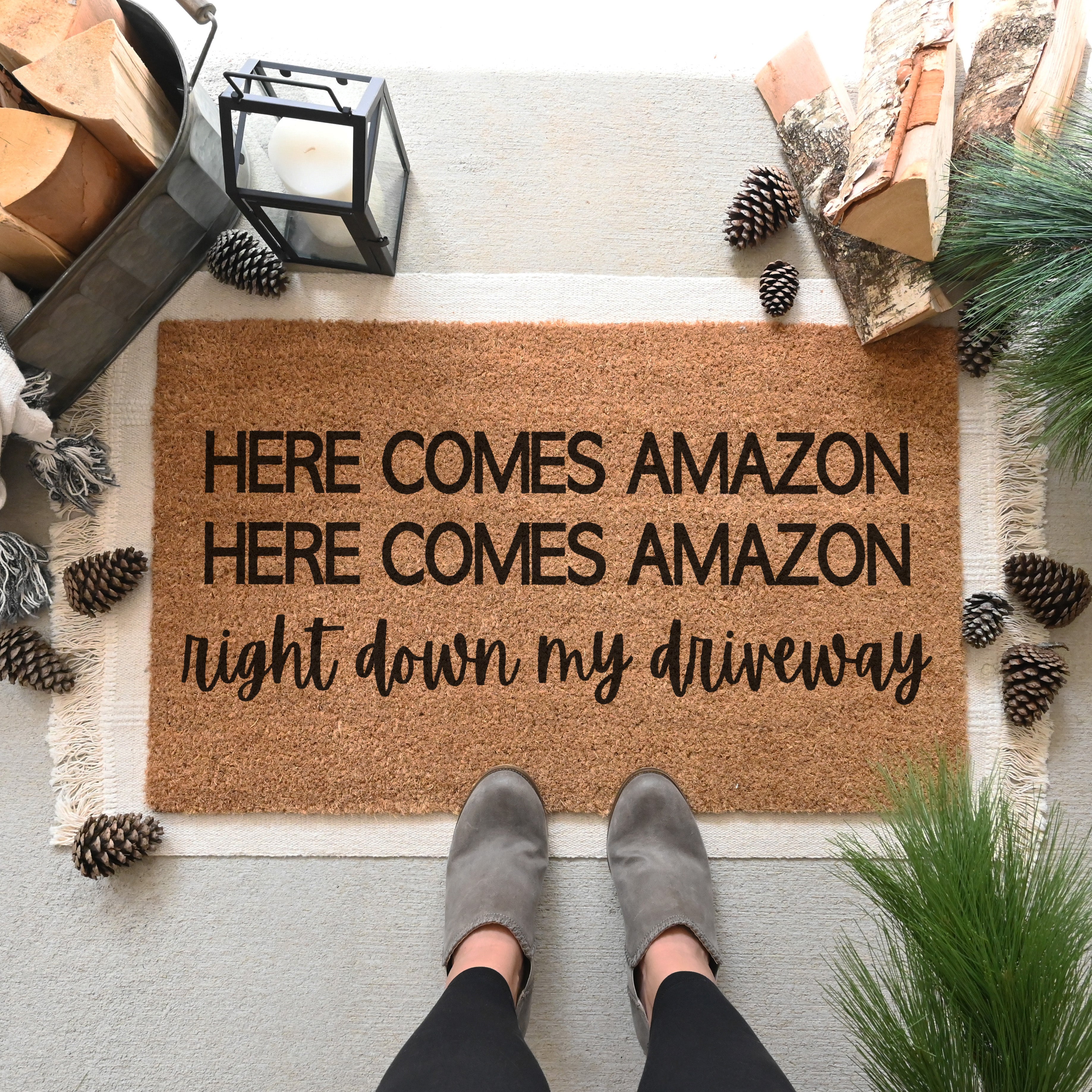 Here Comes Amazon Doormat.  Coir doormat.  Christmas doormat.