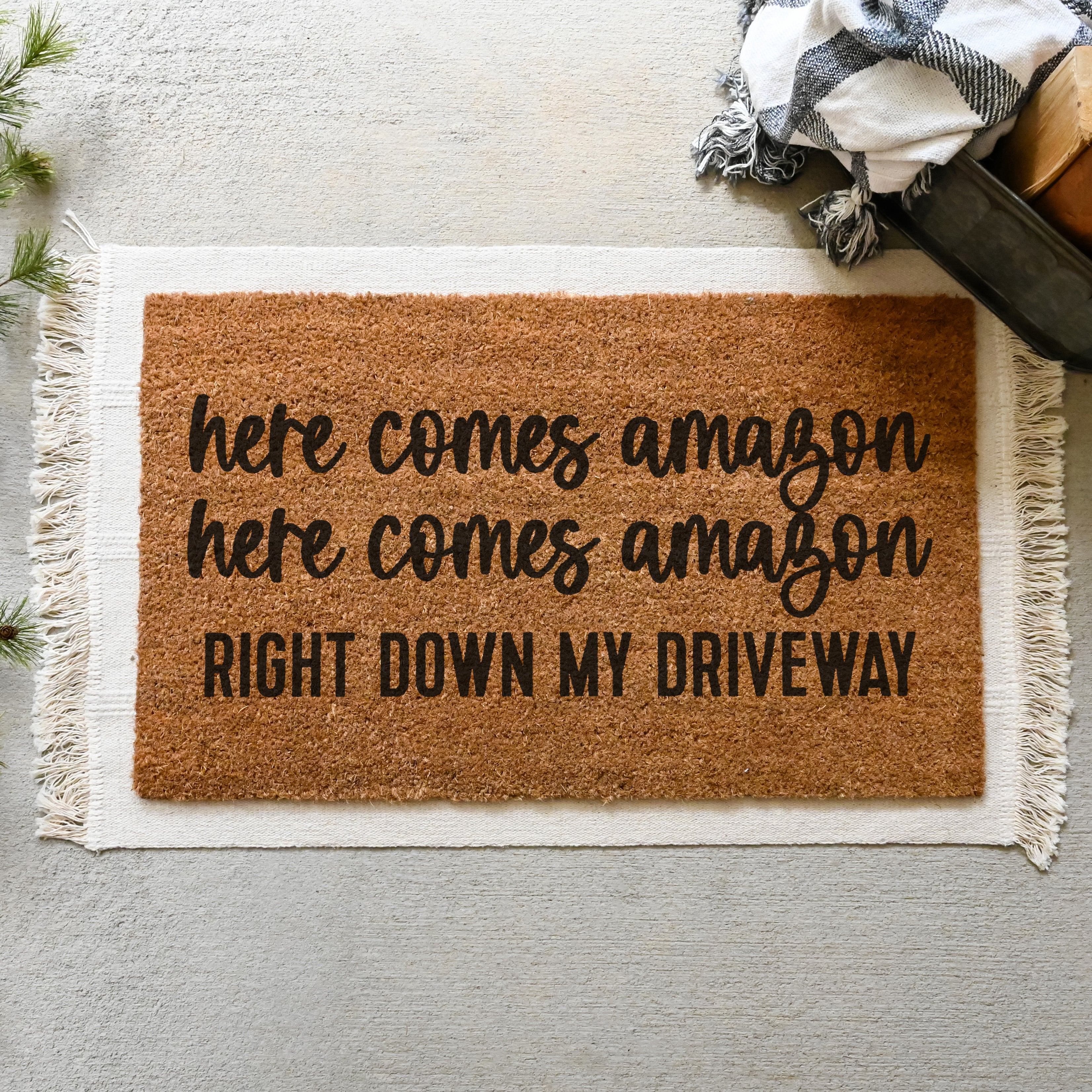 Here Comes Amazon Doormat.  Coir doormat.  Christmas doormat.