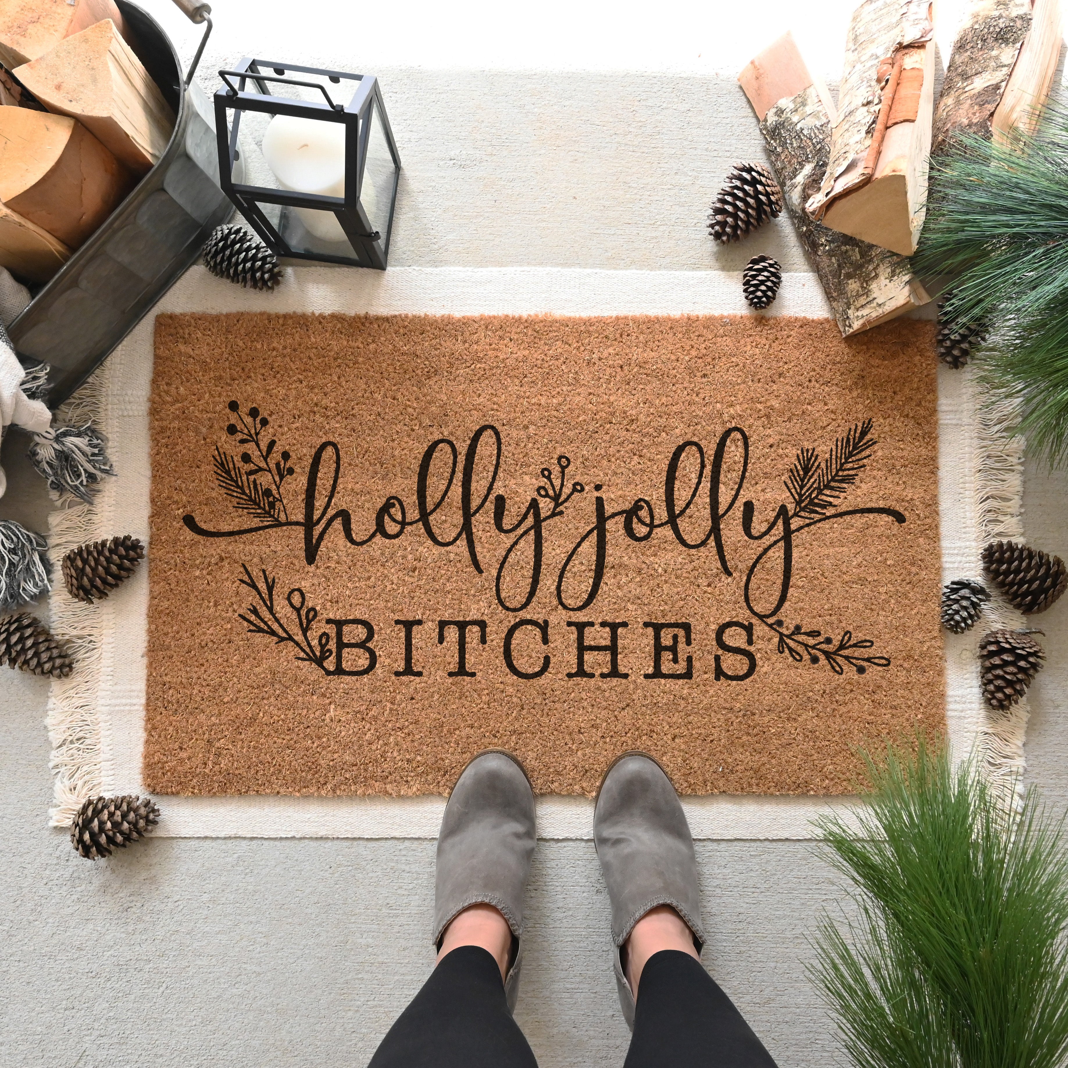 Holly Jolly Bitches Doormat.  Coir doormat.  Christmas doormat.