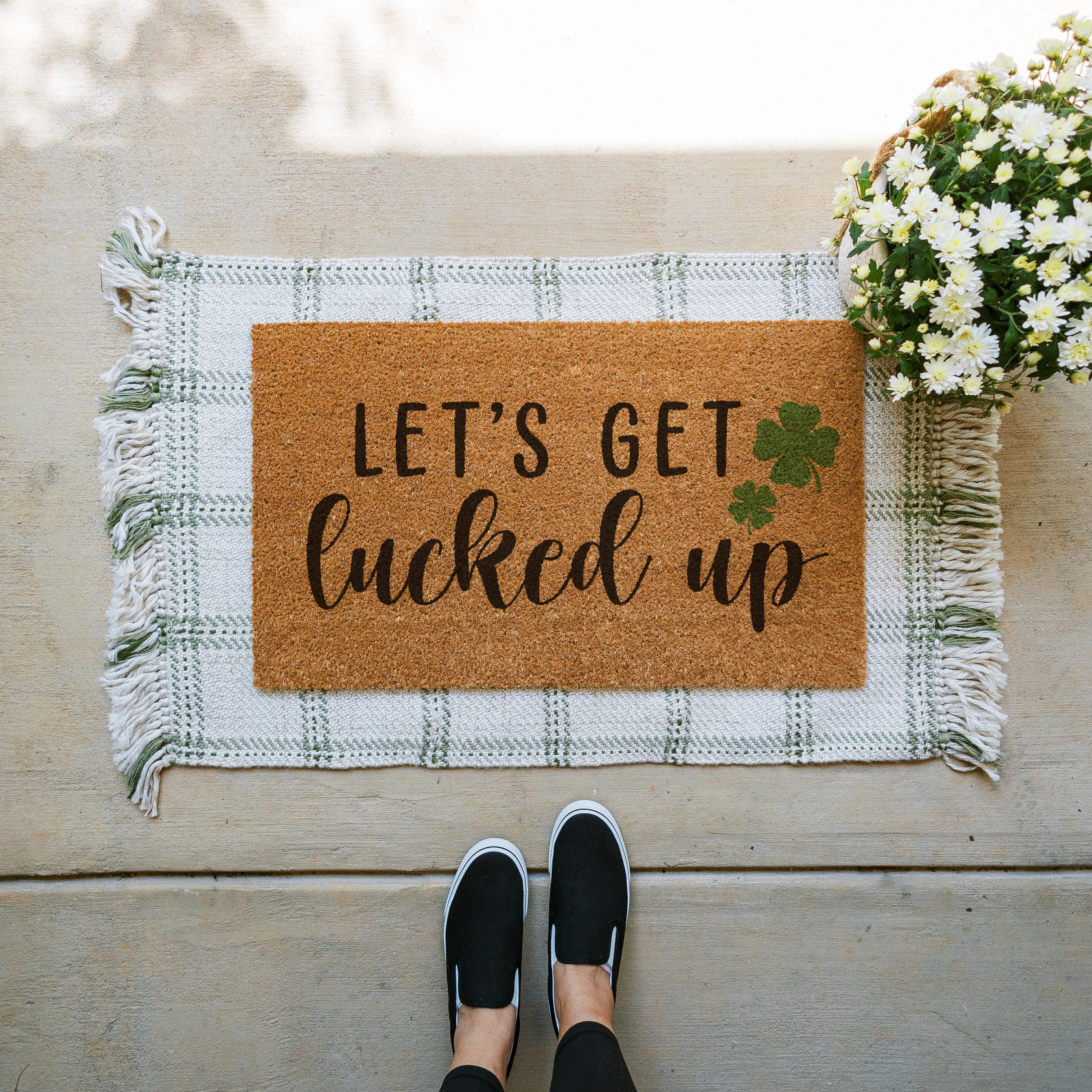 Funny Coir Doormat that says lets get lucked up with a couple shamrocks