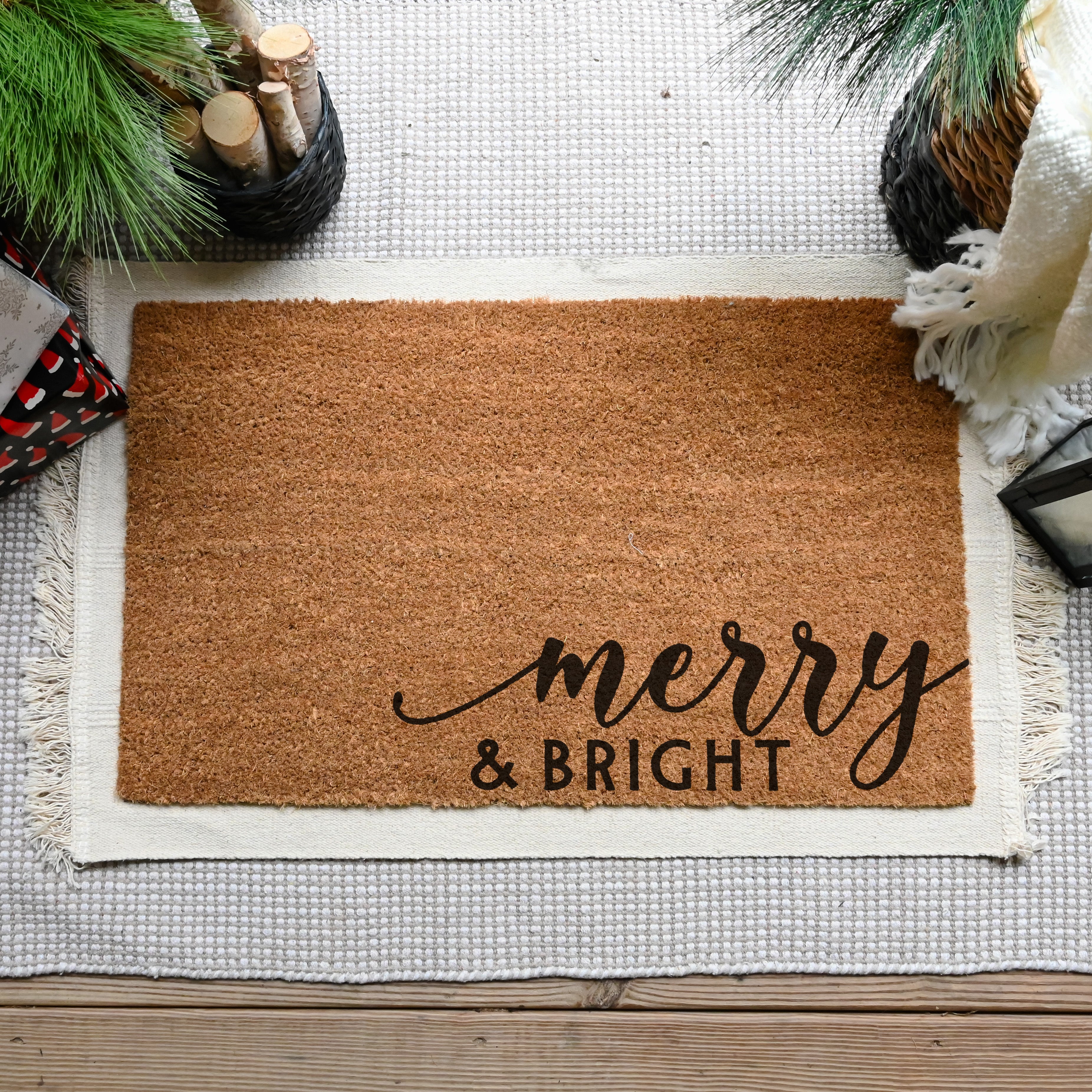 Merry & Bright Doormat.  Coir doormat.  Christmas doormat.