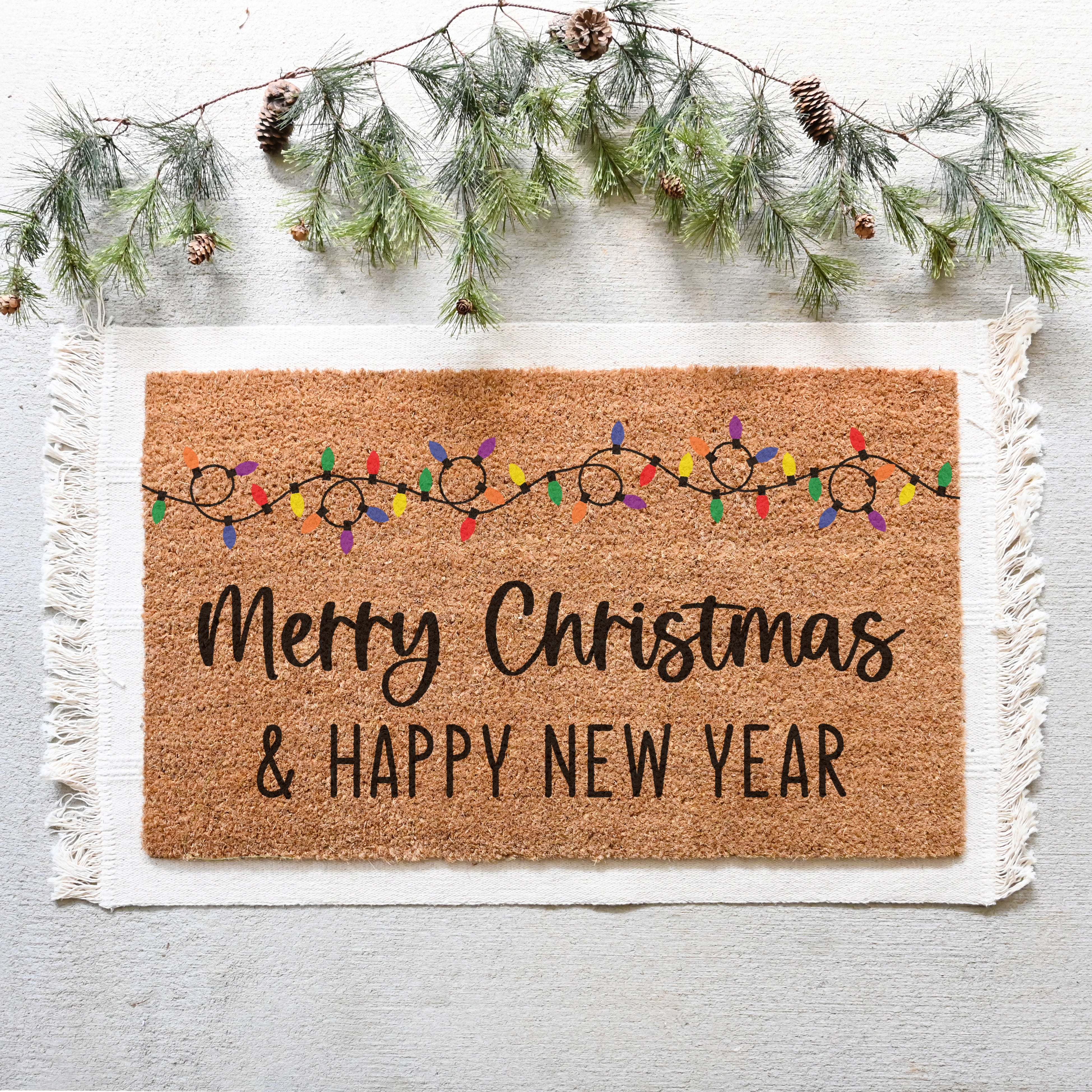 Merry Christmas & Happy New Year Doormat.  Coir doormat.  Christmas lights doormat.