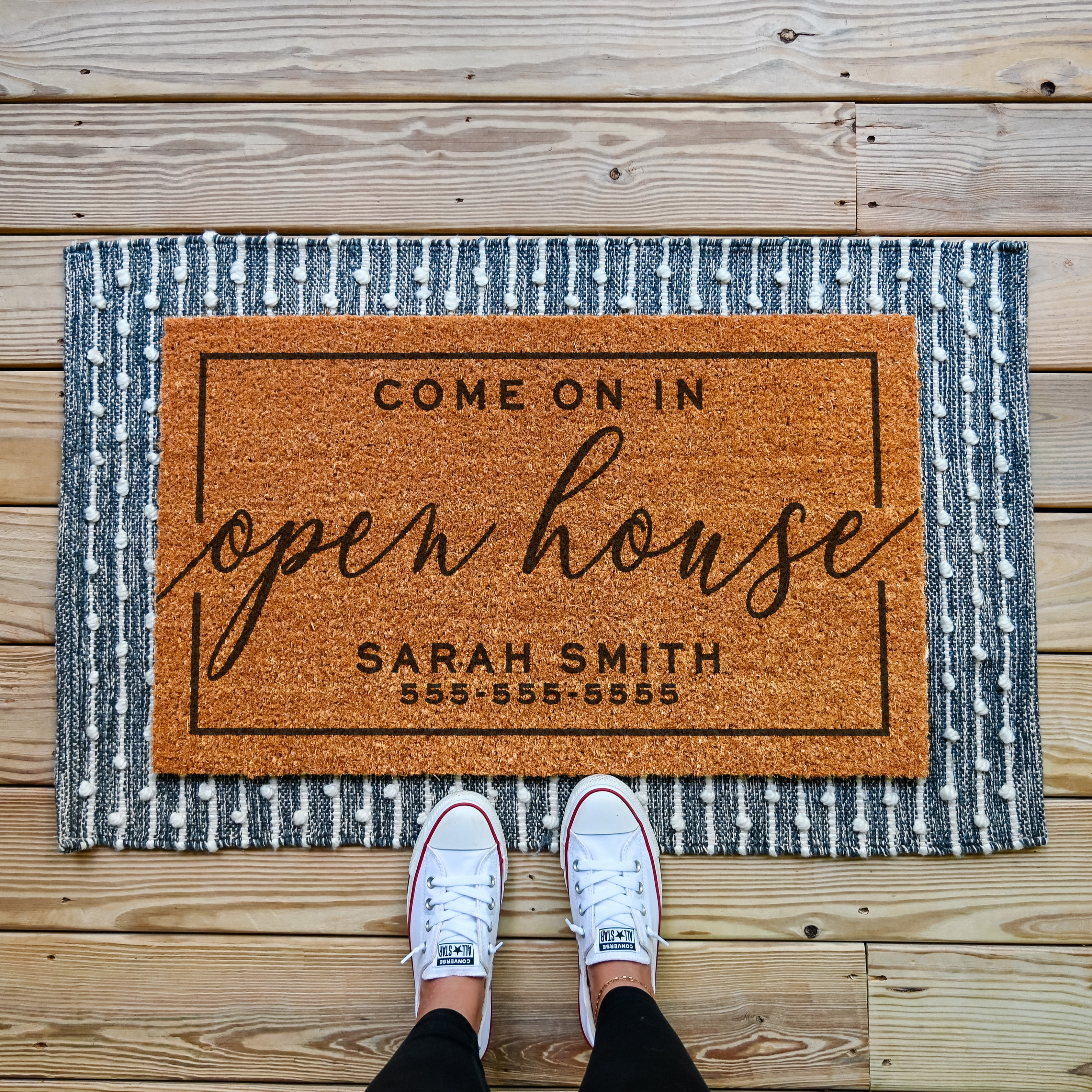 Custom Open House doormat with space for real estate agent information