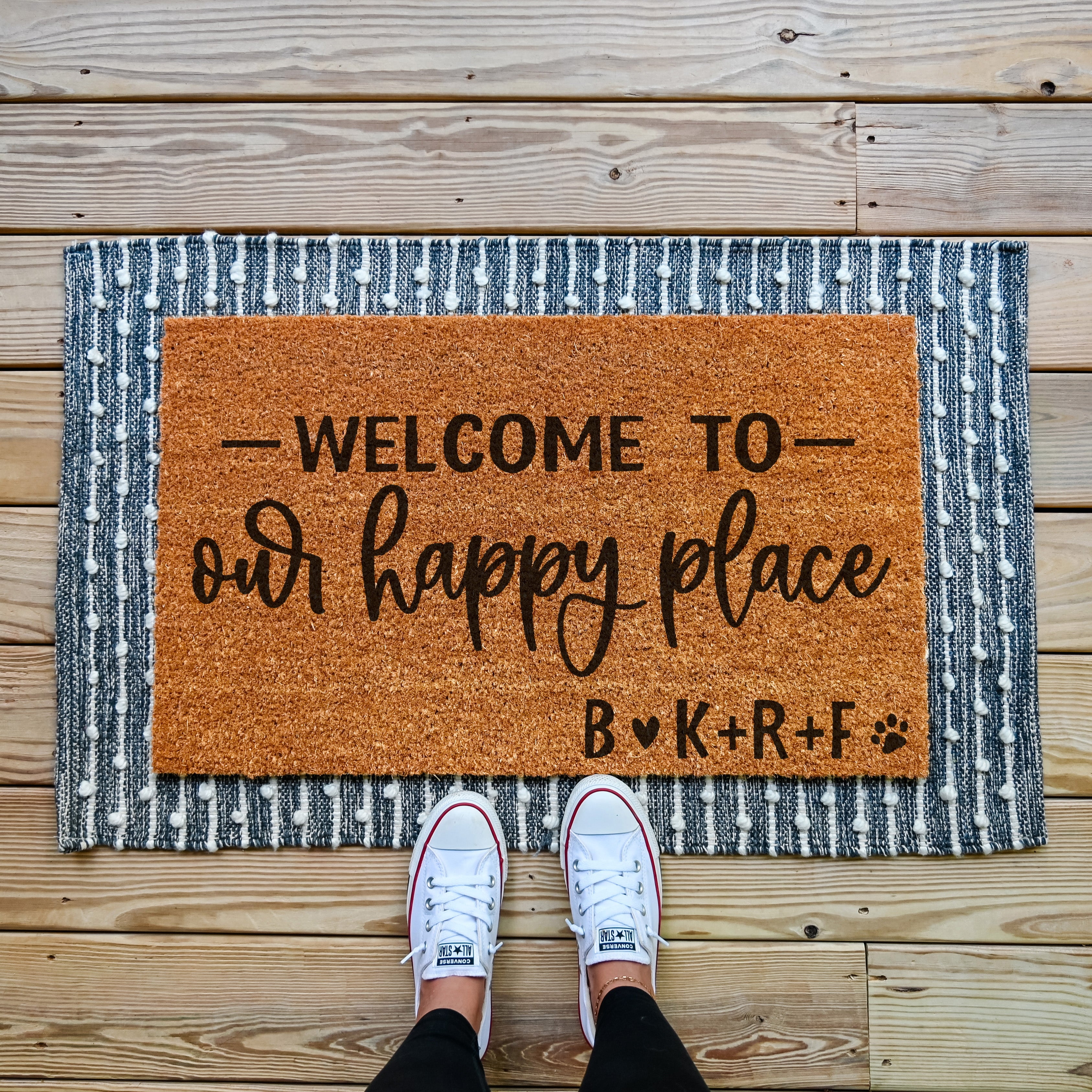 Our Happy Place Personalized Doormat.  Coir doormat.  Personalized with name or initials in bottom right corner