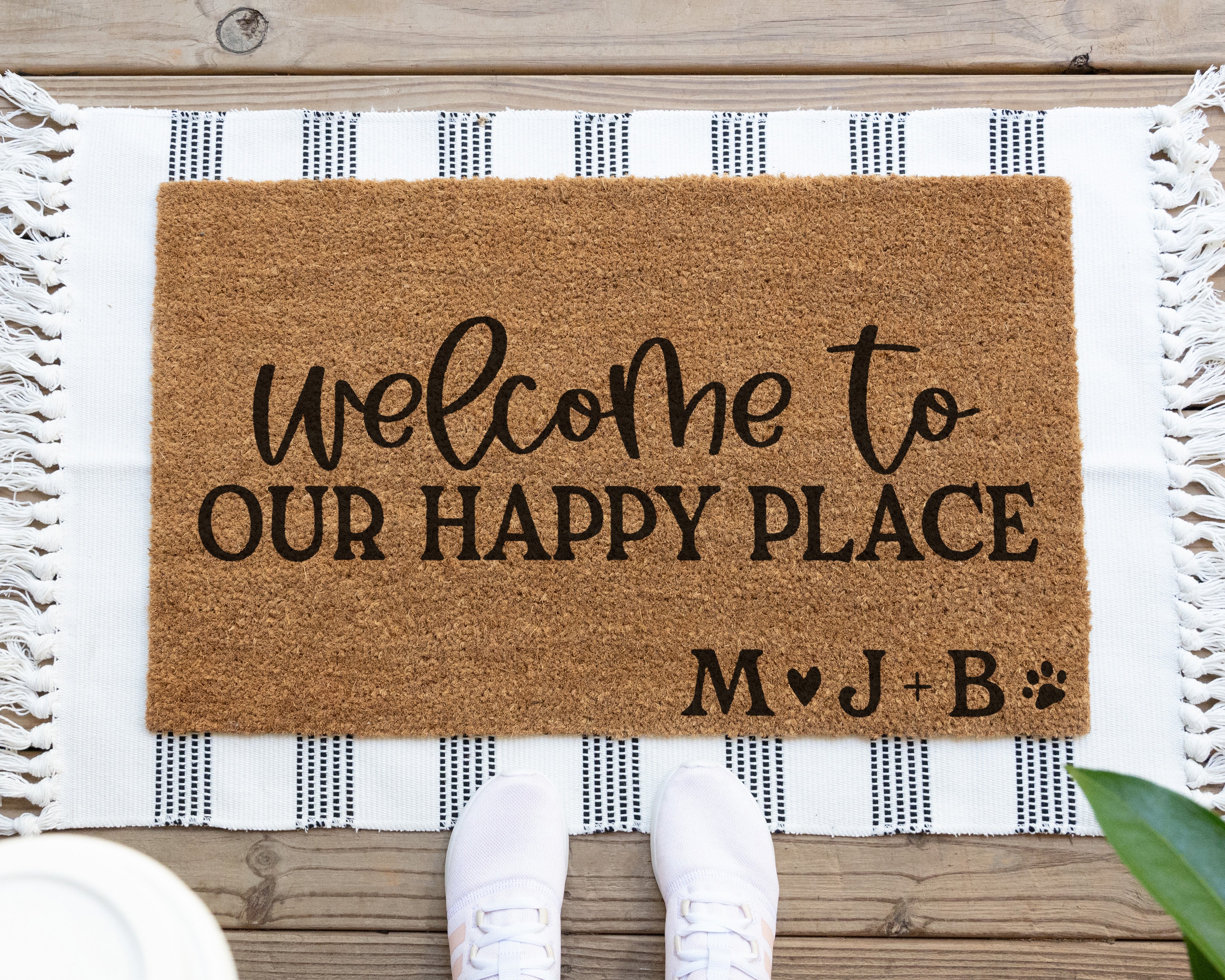 Our Happy Place Personalized Doormat.  Coir doormat.  Personalized with name or initial in bottom right corner