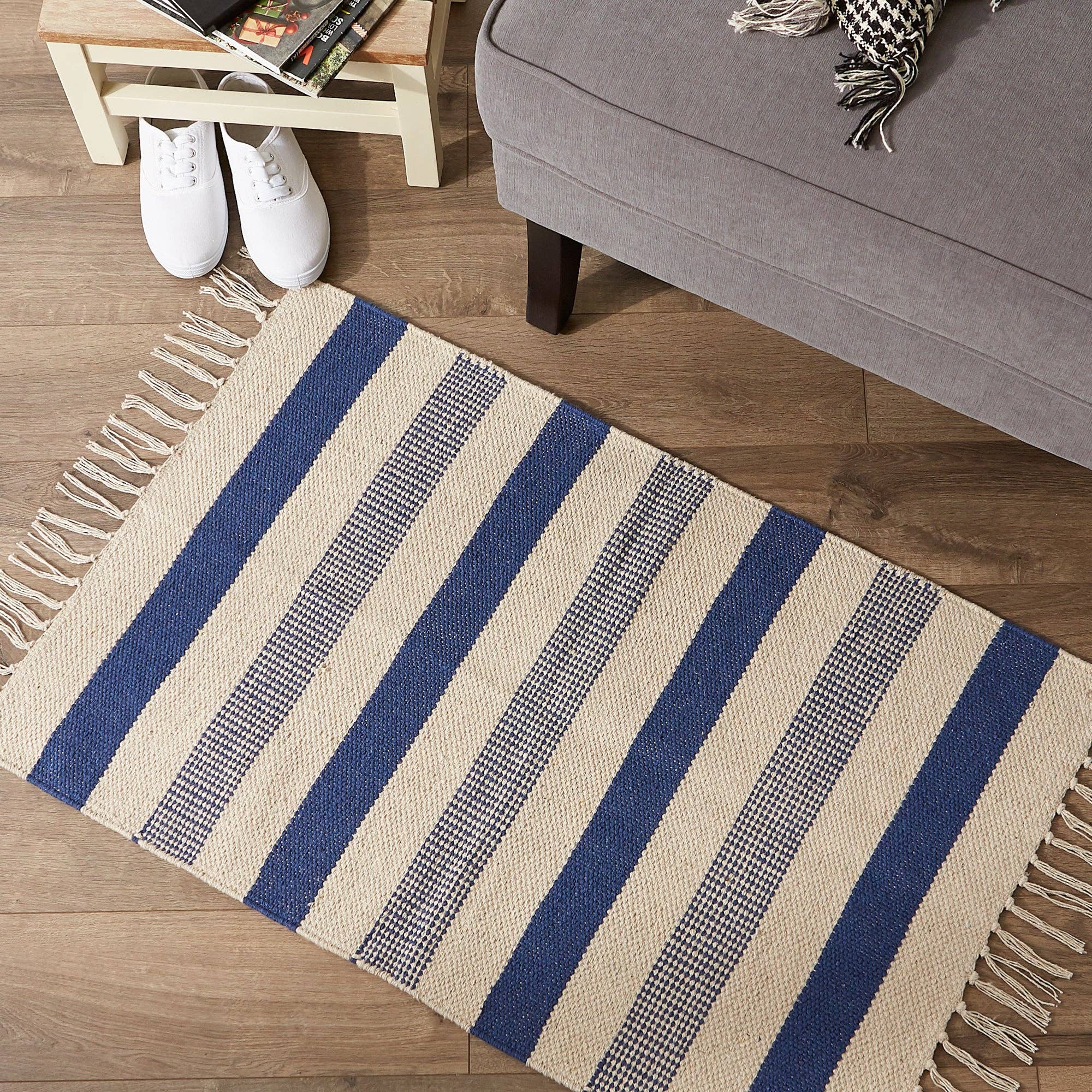 French Blue Combo Stripe Hand-Loomed Rug 2X3 Ft