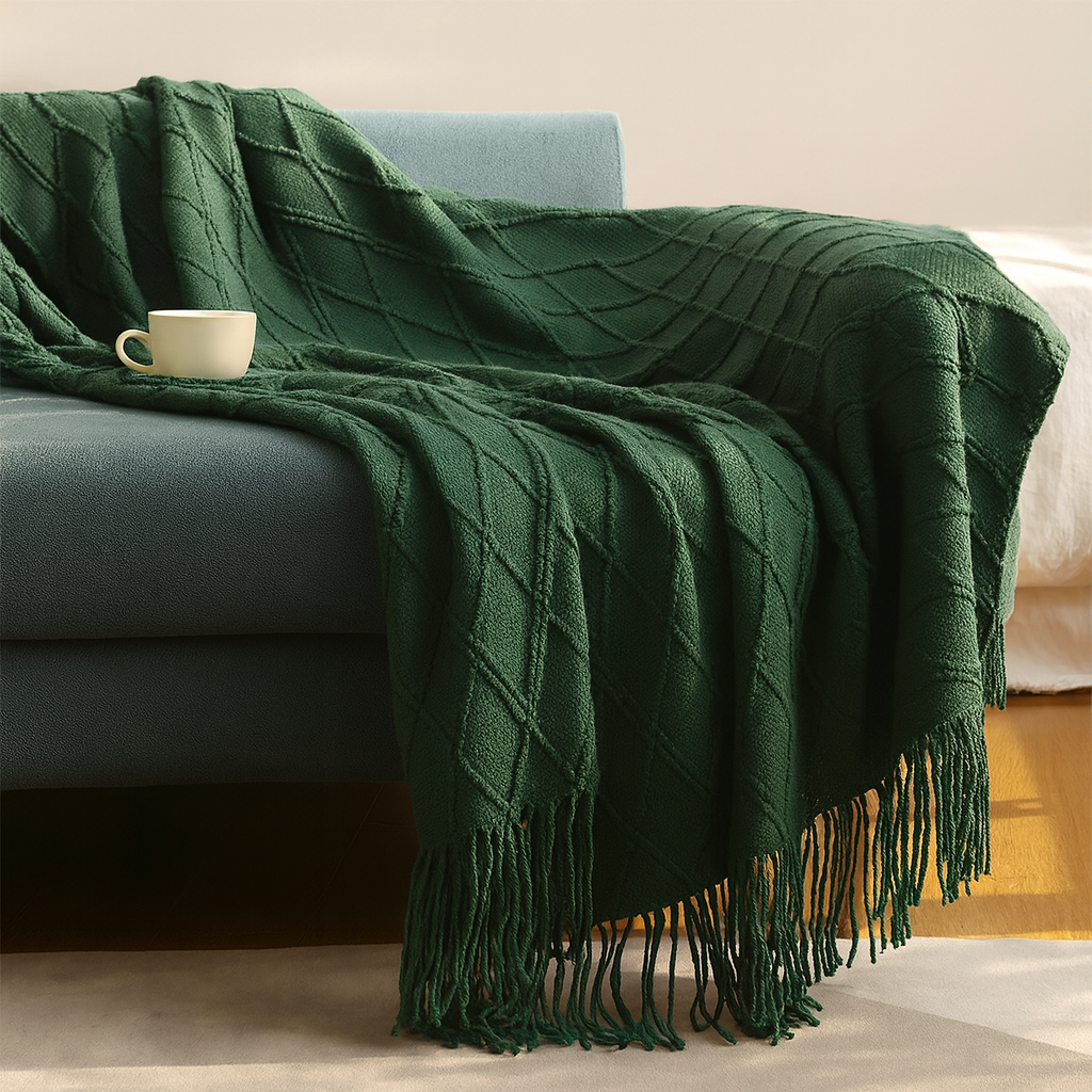 Green textured throw blanket draped over a sofa with a cup on a light-colored floor.