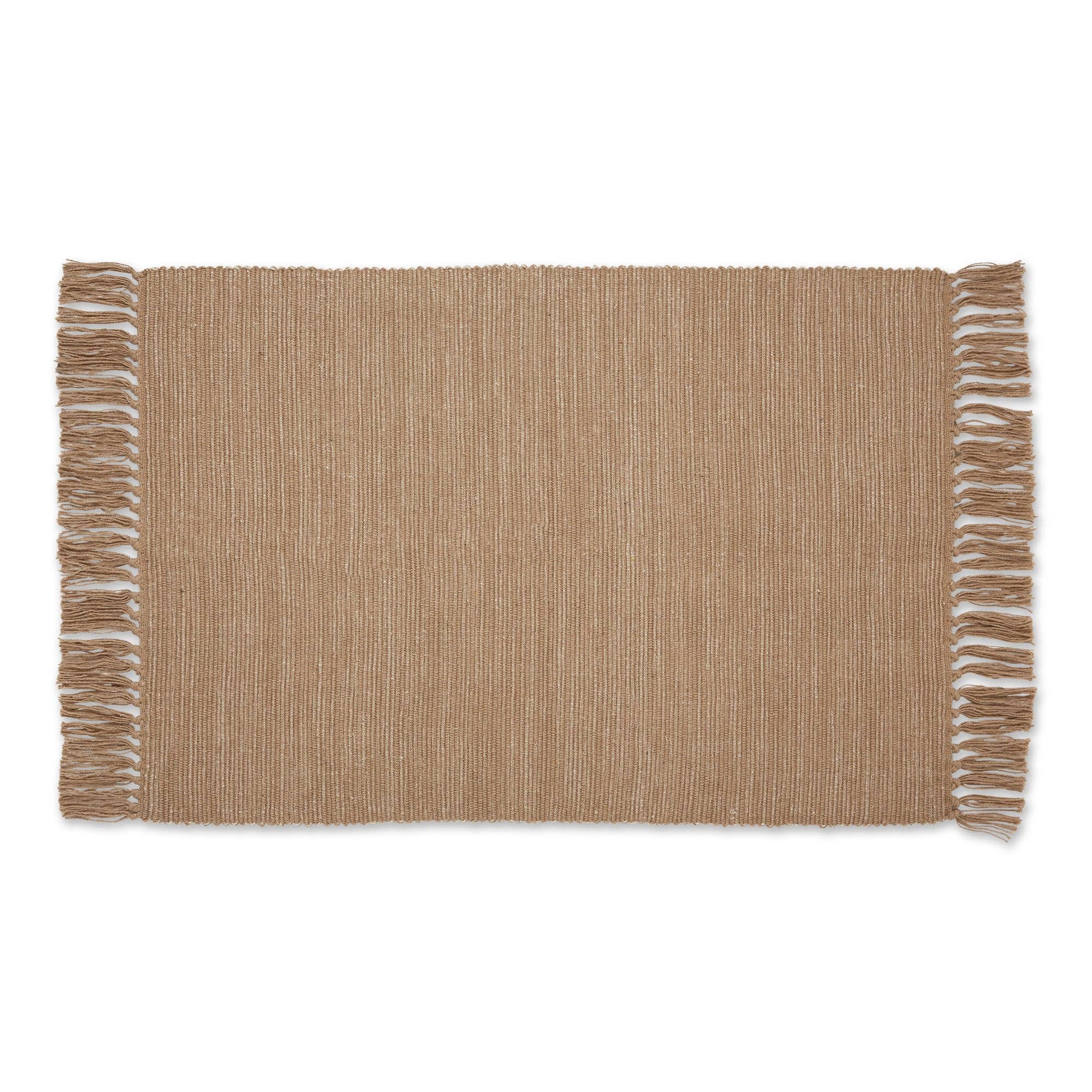 Beige woven rug with white fringe on a white background