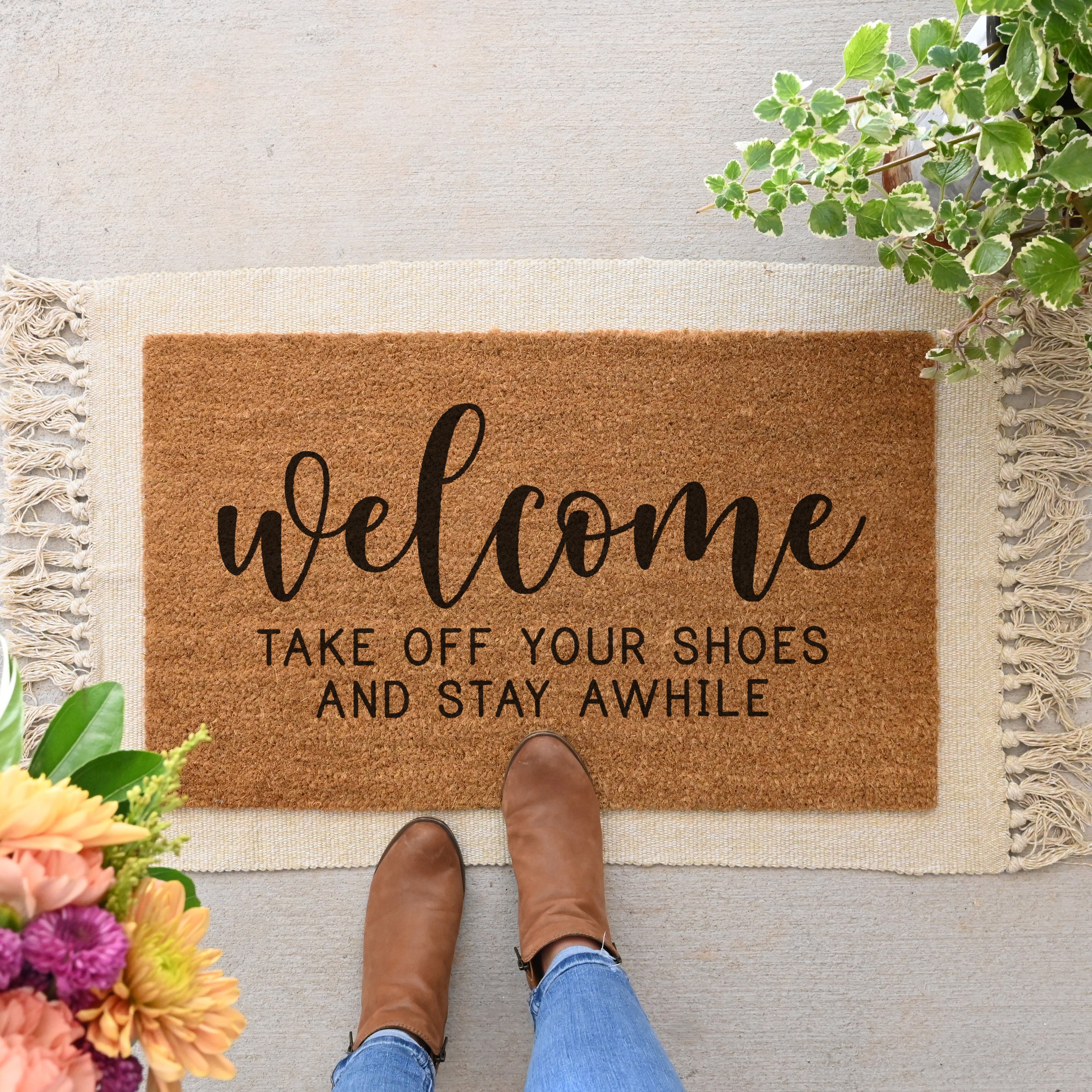 Welcome Take Off Your Shoes, Stay Awhile Doormat.  Coir Doormat.  Gift idea